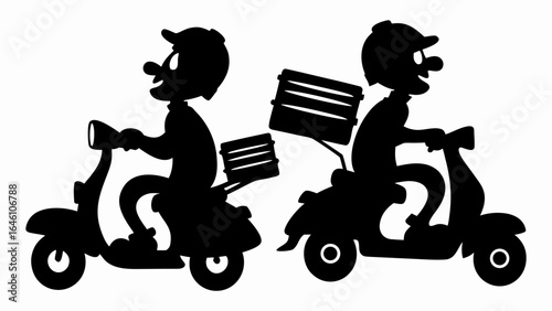 Two delivery men on scooters with boxes in black silhouette against a white background image vector