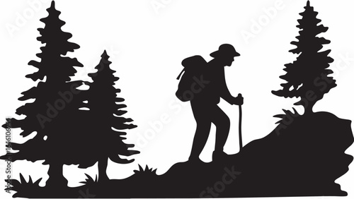 Silhouette of hiker with backpack and walking stick between pine trees on a hill in nature
