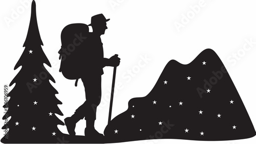 Silhouette of a hiker with backpack trekking past a starry mountain and christmas tree scene outdoors