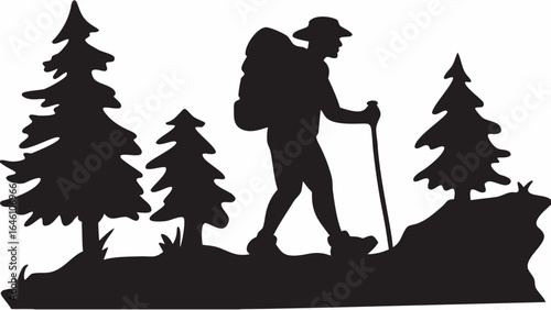 Silhouette of a hiker with backpack and trekking pole among trees on a mountain landscape scene