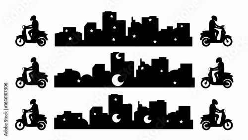 Silhouette illustration of scooters and cityscapes with stars and moon in black and white style