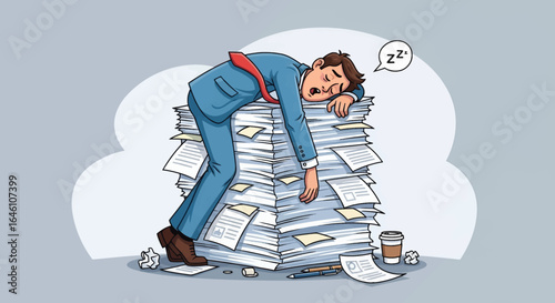 Exhausted businessman asleep on a large stack of paperwork, overwhelmed by work.