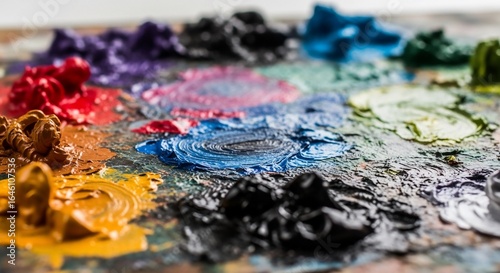 Textured World of Color: Close-up of an Artist's Palette with Oil Paint Swirls