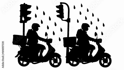 Two delivery scooters with boxes under rain near traffic lights in a black and white silhouette image
