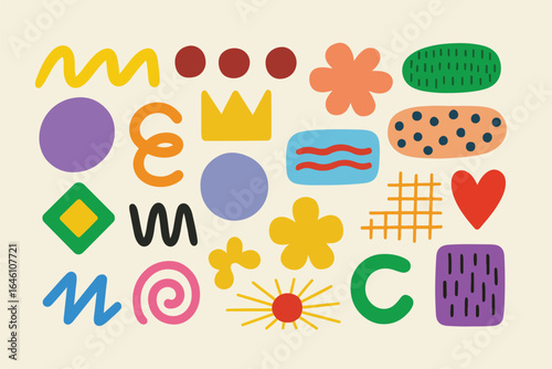 Vibrant collection of abstract retro organic shapes including clouds flowers sparkles and mountains in a funky groovy and cute hippie style perfect for banners and prints