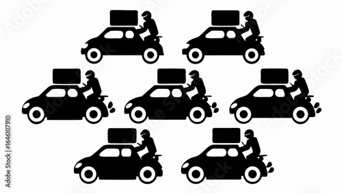 Illustration showing multiple cars with boxes on top and a person on a scooter behind each 100 char