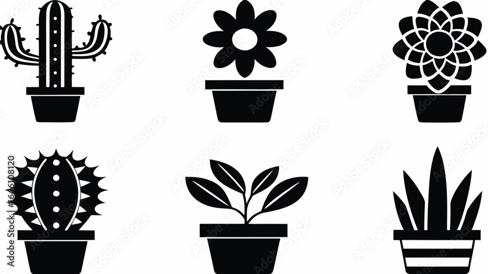Naklejka premium Black and white vector illustration of six potted plants including cacti and flowers in pots design