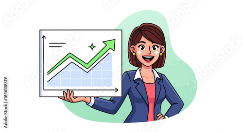 Smiling businesswoman presenting a financial chart with upward trending green arrow, indicating growth.