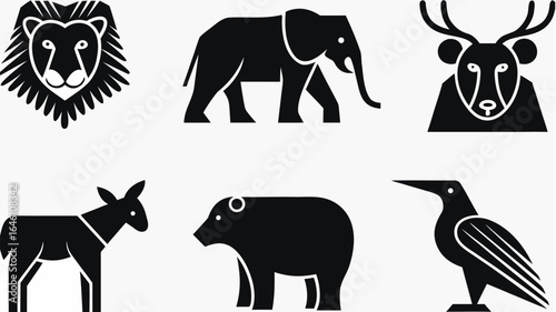 Illustration of a lion, elephant, deer, donkey, bear, and crow in black and white vector format