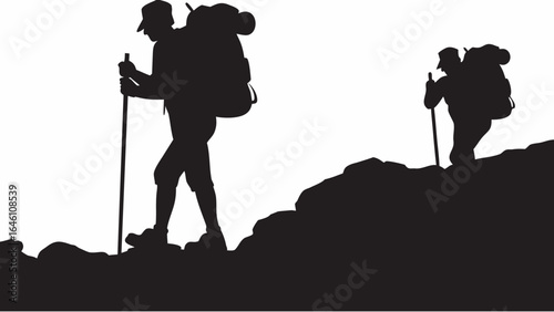 Silhouetted hikers with backpacks and trekking poles ascending a rocky mountain path on a bright day