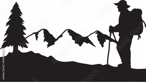 Silhouette of a hiker with backpack and trekking poles in a mountain landscape with a pine tree
