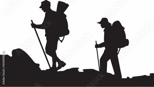 Silhouette of two hikers with backpacks and trekking poles on a rocky terrain in black and white style