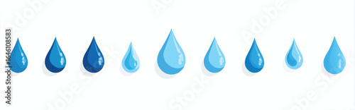 Illustration of blue water droplets arranged in a row on a clean white background representing purity and clarity for hydration or environmental awareness