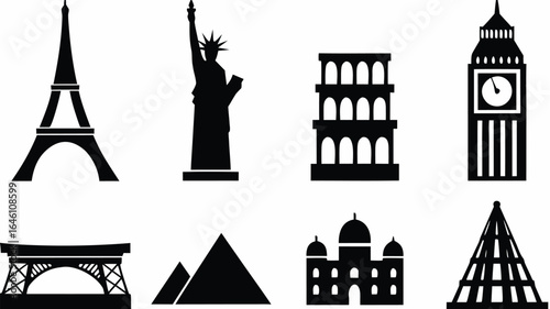 Black silhouettes of famous world landmarks including eiffel tower and statue of liberty and more