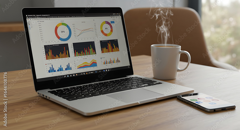 Fototapeta premium Workspace with a laptop showing social media engagement charts, coffee beside it, and a smartphone with an open app
