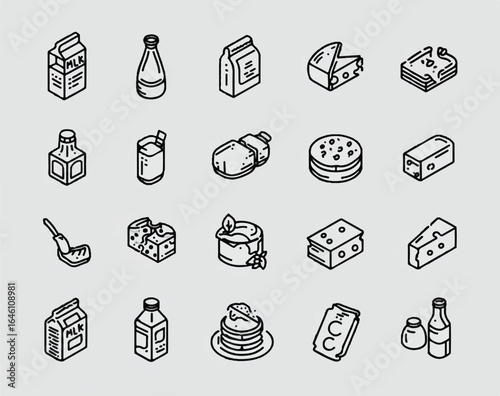 Isometric dairy and breakfast items in a minimalistic style perfect for food blogs and nutrition websites with milk and cheese options and breakfast classics