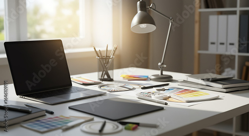 Graphic designer’s desk with a digital tablet, laptop, special pens, and Pantone color samples