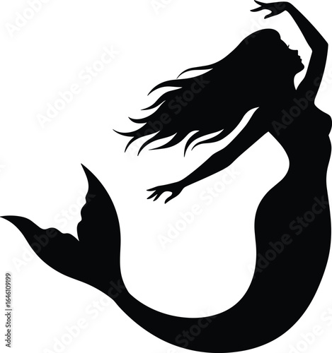 Elegant mermaid silhouette, flowing hair, mythical sea creature, underwater fantasy, black and white design, creative illustration, ocean theme, storytelling art