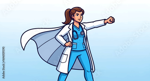 A determined female doctor in a superhero pose, ready to help.