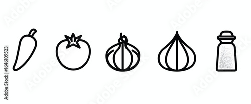 Line Art of Common Cooking Ingredients Pepper Tomato Onion Garlic Salt for Culinary Designs and Recipe Illustrations