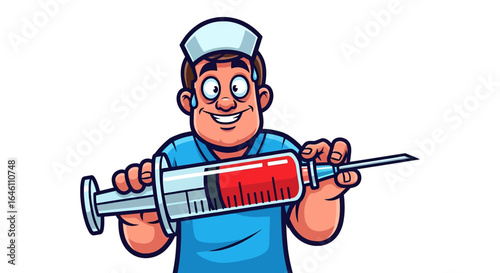 A cartoon nurse holds a large syringe filled with red liquid, smiling confidently.