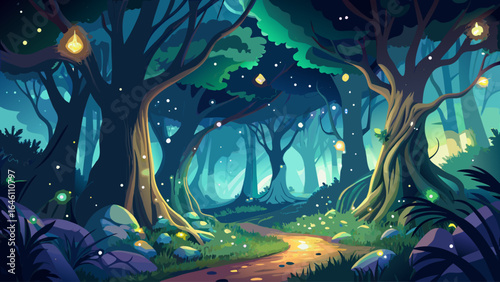 Soft moonlight bathes the canopy, shadows blending with gentle luminescence, as nature’s quiet magic unfolds, inviting wanderers to linger in this serene realm where time drifts in whispering harmony.