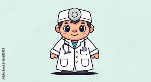 Cartoon doctor character wearing a white coat, stethoscope, and medical cap, smiling.