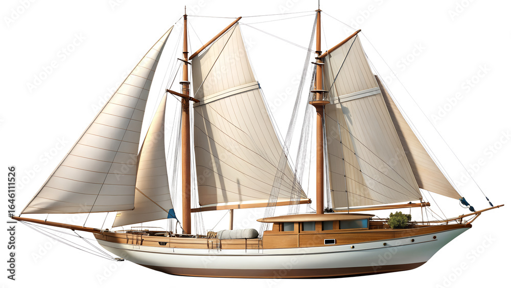 Fototapeta premium Sailing vessel isolated on transparent background, a classic boat with sails, representing maritime transport and nautical adventure