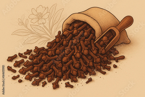 Hand-drawn cloves spilling from burlap pouch illustration