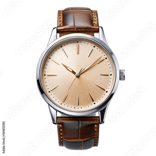 Classic analog wristwatch with a champagne dial, brown leather strap, and stainless steel case, a timeless accessory for any occasion, isolated on white background