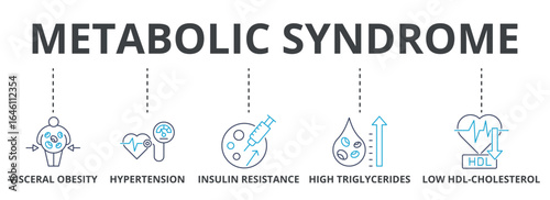 Metabolic syndrome outline color banner concept with icons. Visceral Obesity, Hypertension, Insulin Resistance, High Triglycerides, Low HDL-Cholesterol