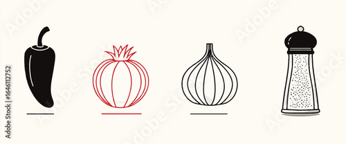 Minimalist Kitchen Illustration Featuring Pepper Onion Garlic and Salt for Culinary Themes and Creative Food Projects perfect for graphic design and digital art