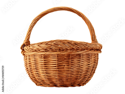 Classic light brown wicker basket with a high arched handle featuring a traditional hand-woven texture and a braided rim.