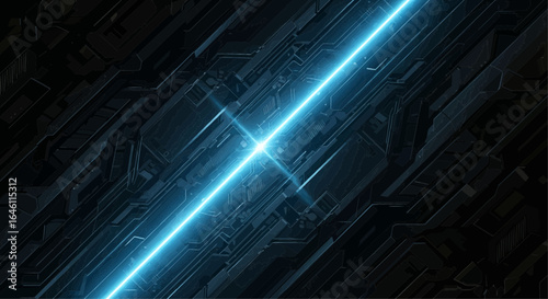 Futuristic Abstract Neon Blue Laser Beam Illuminating Dark Industrial Sci-Fi Corridor