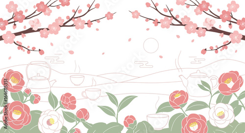 Elegant japanese tea ceremony illustration with cherry blossoms and camellias in soft pastel colors creating a serene and peaceful atmosphere
