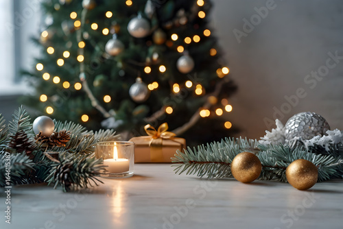 Wallpaper Mural Empty white table, balls, candle, christmas tree, lights on background, blurred bokeh. Christmas mock up banner to display, advertise product, promotion sale, presentation. New year backgrounds.  Torontodigital.ca