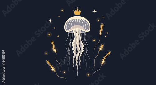 Elegant jellyfish illustration with crown and sparkling elements on dark background