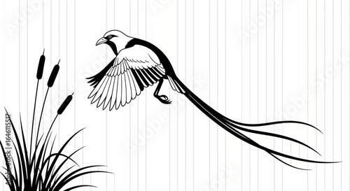 Elegant monochrome illustration featuring a bird in flight near cattails offering serene nature depiction