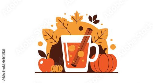 Festive autumn illustration with pumpkin, apple and a mug of warm cider