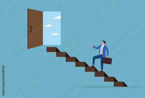 Vector illustration of a businessman climbing a stair toward an open door in the sky, representing ambition, seizing opportunities, and striving for career or personal success
