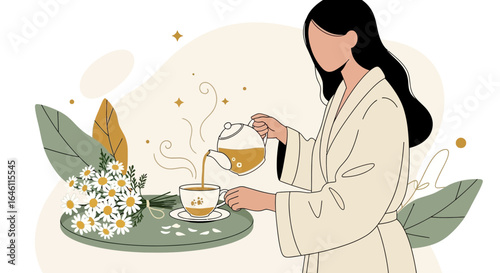 Elegant morning tea ritual: A woman in a robe enjoys a peaceful moment pouring tea