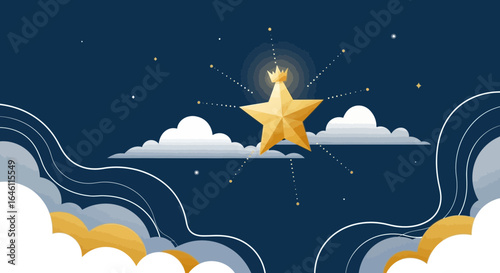 Elegant night sky featuring a crowned star shining brightly amidst fluffy clouds