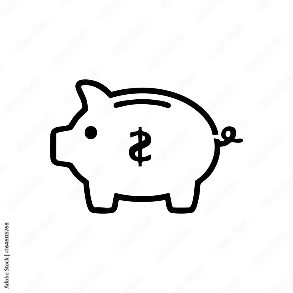 Obraz premium A simple black and white outline of a piggy bank, representing savings and financial security. The piggy bank has the shape of a pig and a dollar sign symbol