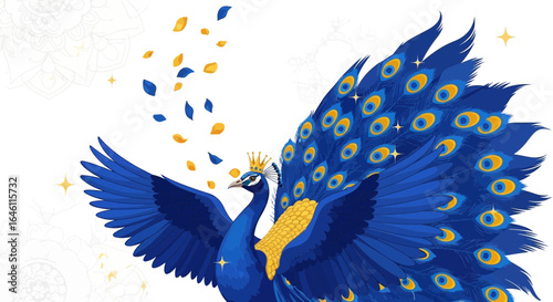 Elegant Peacock With Open Wings And Golden Crown For Decorative Element