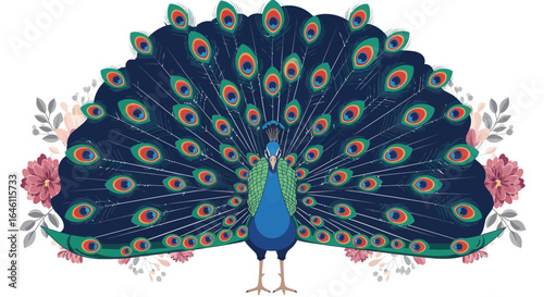 Elegant peacock displaying its vibrant plumage against a floral backdrop beautifully illustrated