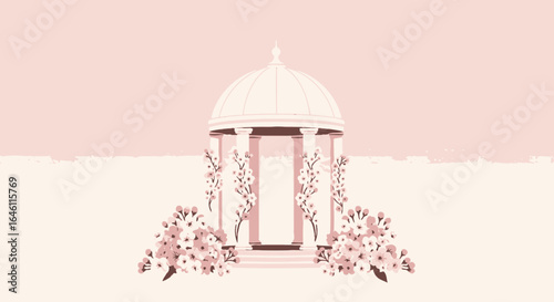 Elegant pink gazebo adorned with cherry blossoms perfect for weddings and spring events