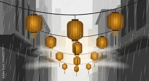 Festive chinese lanterns illuminate a city street during a gentle rain offering a glimpse of vibrant culture