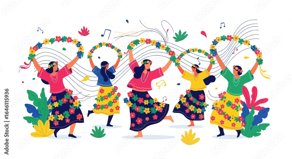 Obraz premium Festive floral celebration: women dancing with flower garlands in vibrant colors joyous illustration