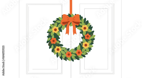 Festive floral wreath with a bright bow adorning a white door creating a welcoming atmosphere