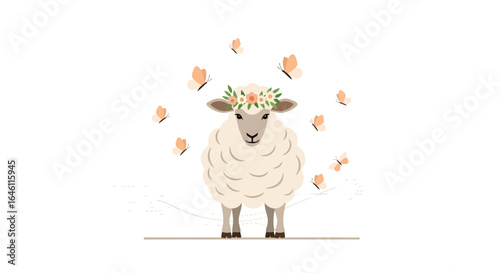 Elegant Sheep Surrounded With Butterflies And Flowers Isolated On White Background